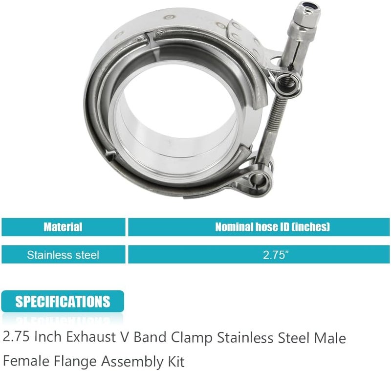 A ABIGAIL 2.75 Inch 2.75" Stainless Steel Exhaust V Band Clamp Male Female Flange Assembly - Image 3